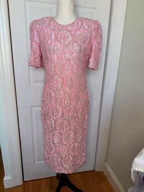 1980s/ 90s Beaded Sequined Barbiecore Midi Prom Evening Dress by Carina